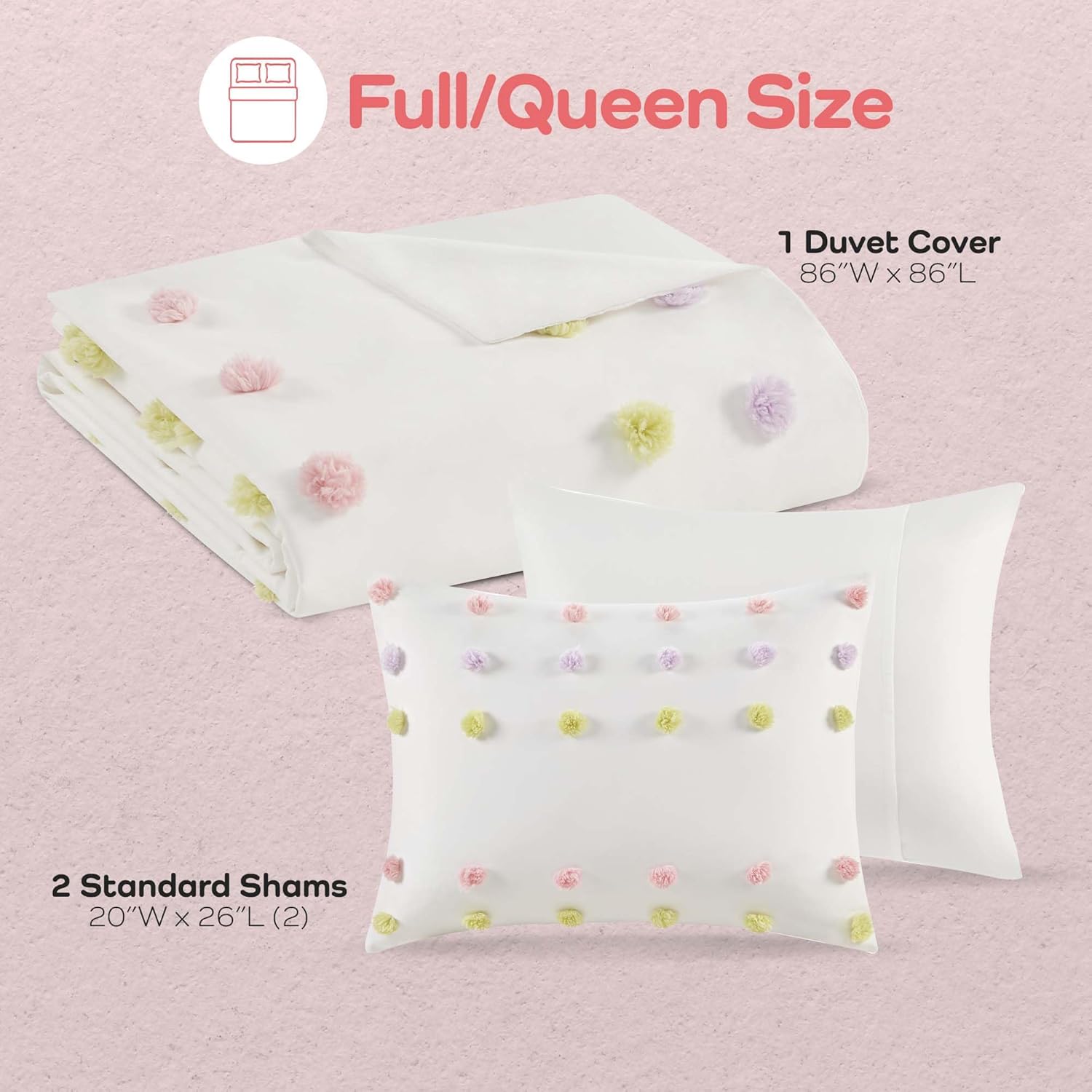 Mi Zone Kids Queen Duvet Cover Set with Pompom and Sham