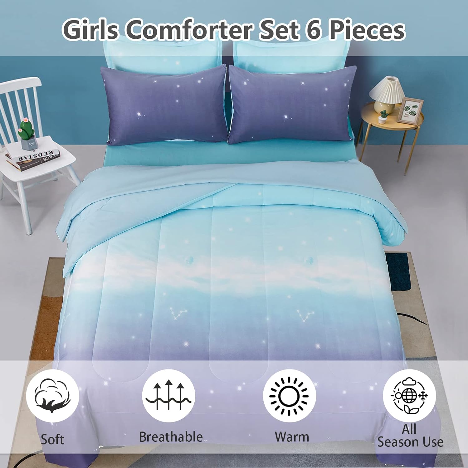 Dinjoy Rainbow Ombre Comforter Set Twin Size 6 Pieces