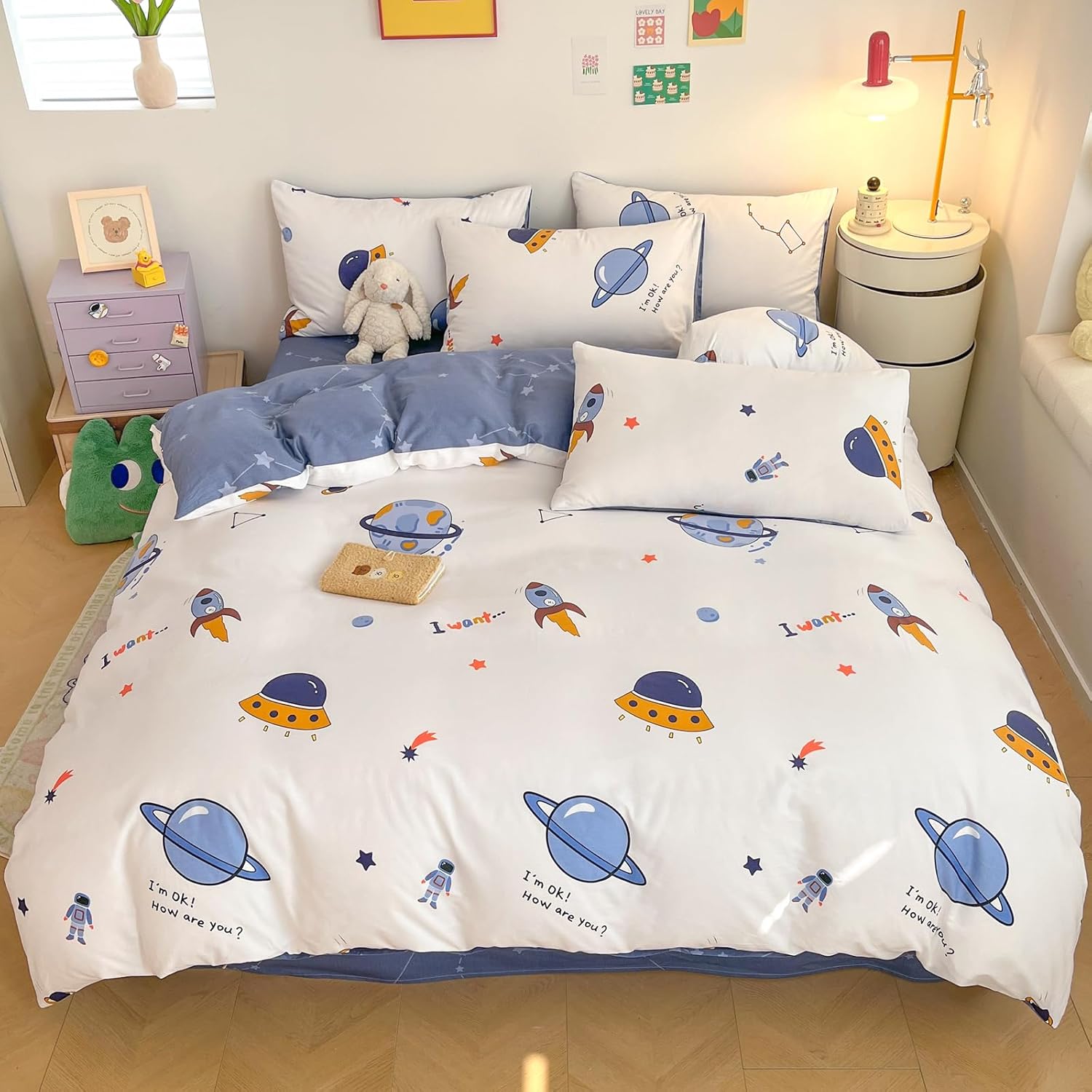 LIWHENHAO 100 Cotton Duvet Cover Set Queen with Space Cartoon Print