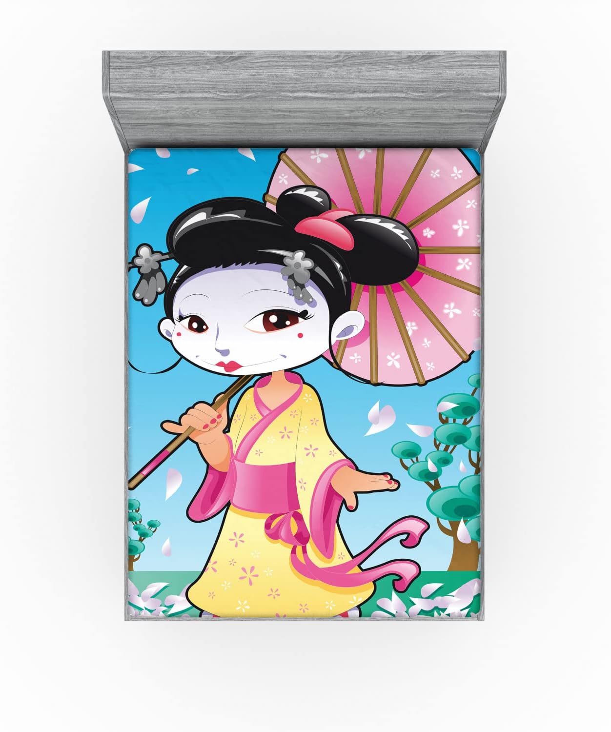 Ambesonne California King Sheet with Geisha Cartoon Print