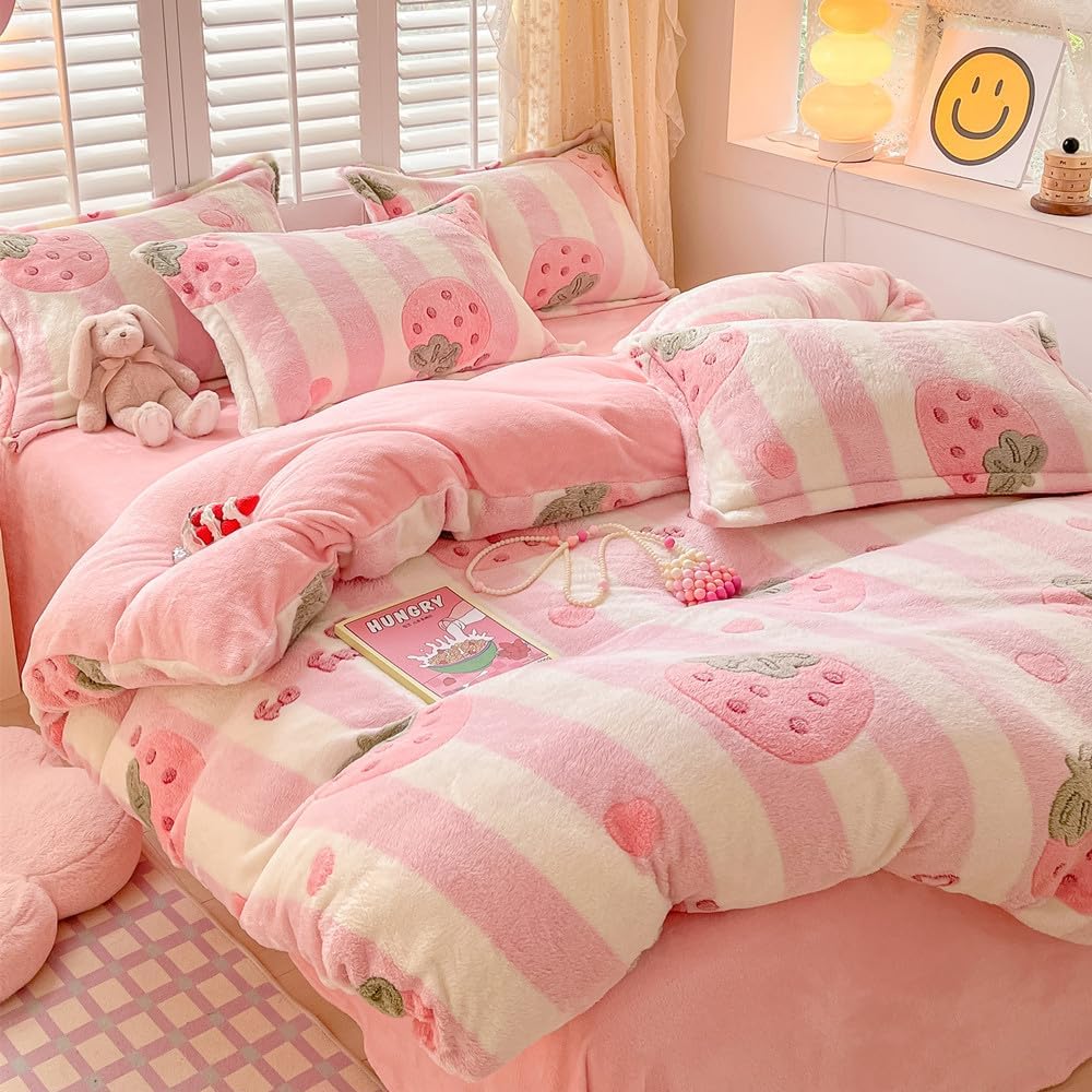 OranFran Pink Strawberry Kids Duvet Cover Set Queen 1