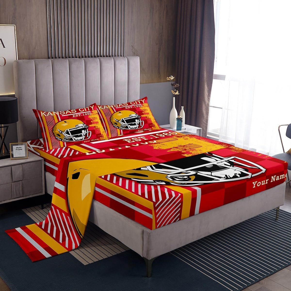 Custom Name Football Bed Sheet Set Twin Size Yellow Red 1