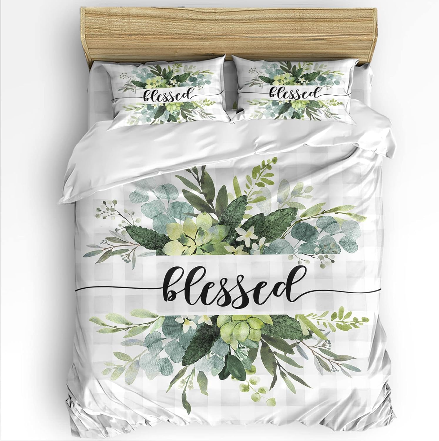 ZOE GARDEN Plaid Eucalyptus Duvet Cover Set Queen Size 1