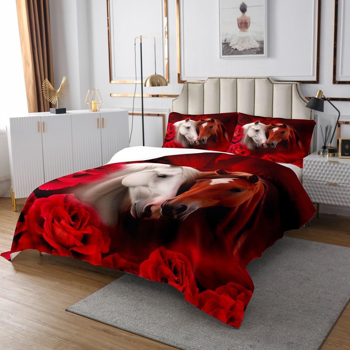 Erosebridal Brown White Horse Quilt Set
