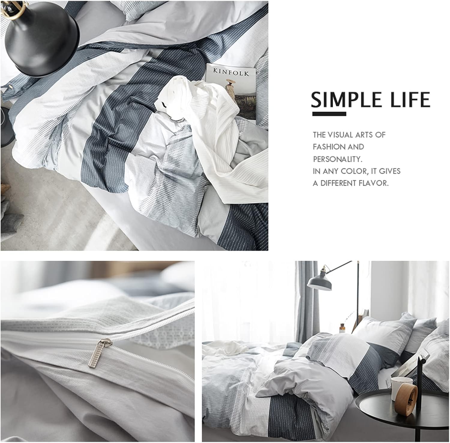 HighBuy Geometric Stripe Duvet Cover Queen Set Grey White