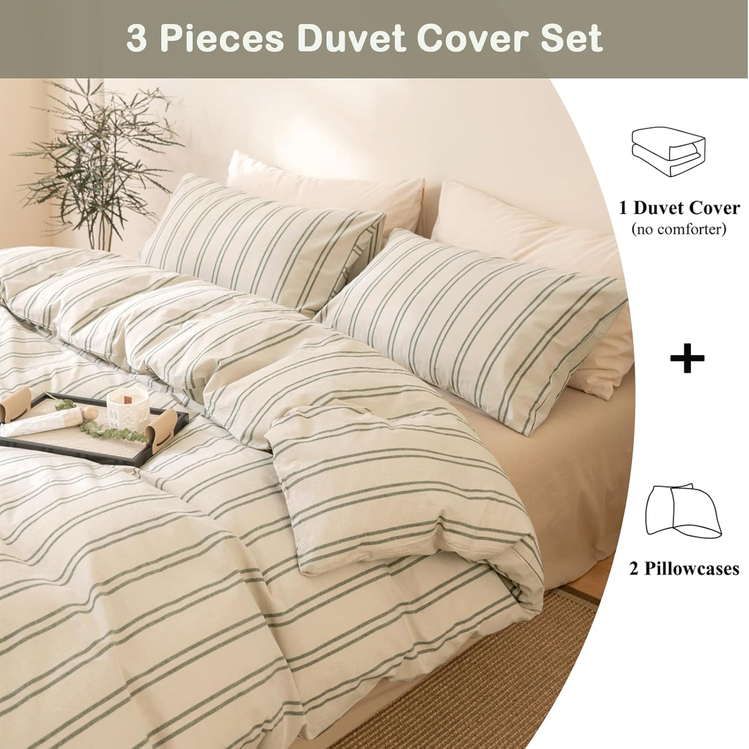 VM VOUGEMARKET Greyish-Green Striped Duvet Cover Set Twin XL