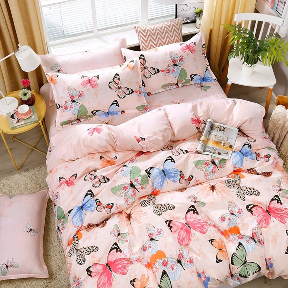 Feelyou Kids Duvet Cover Set Twin Size Pink Butterfly Print