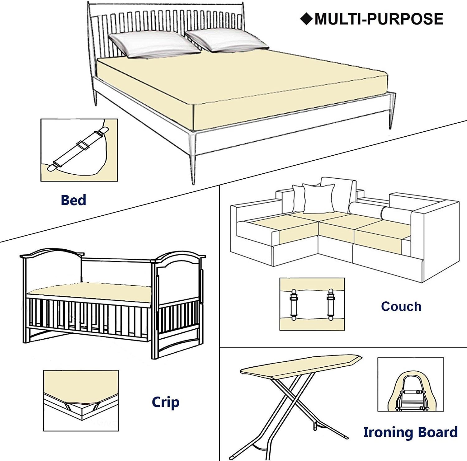 8 Pack Bed Sheet Fastener with Plastic Clasp and Elastic Band