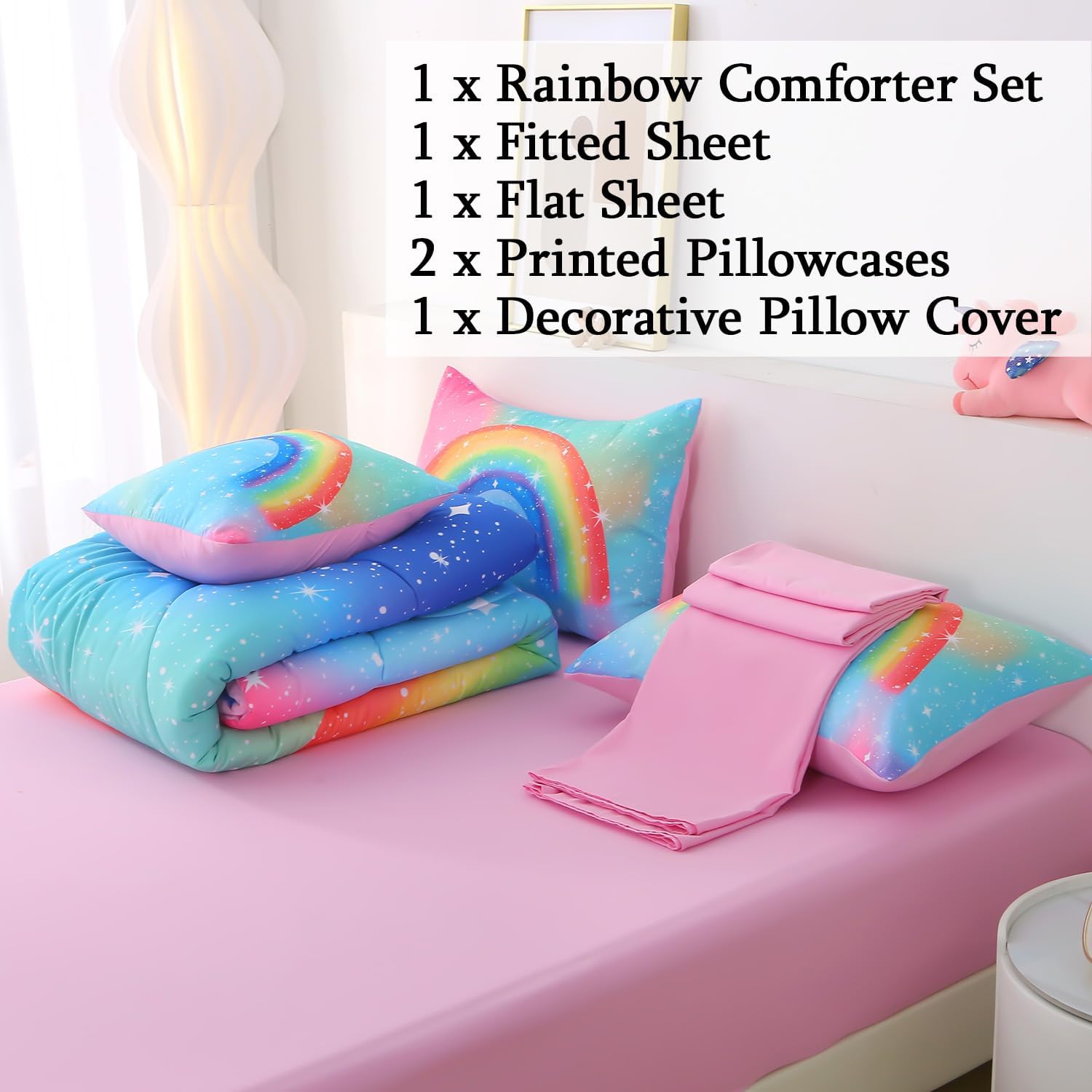 JQinHome Rainbow Comforter Set for Teen Girls
