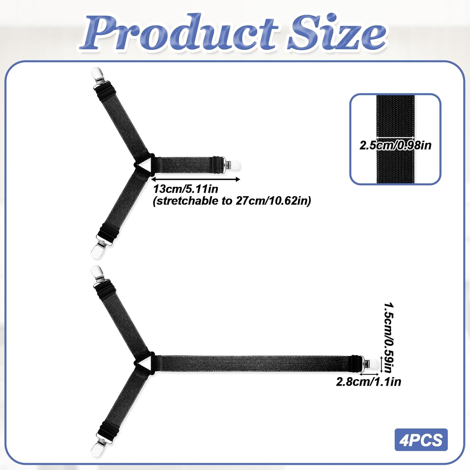 4Pcs Triangle Sheet Straps with Metal Clips - Adjustable Elastic Bed Sheet Holders Black
