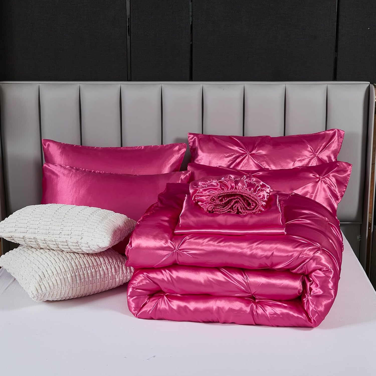 Bedbay Hot Pink Satin Comforter Set 10 Pcs Bed in a Bag