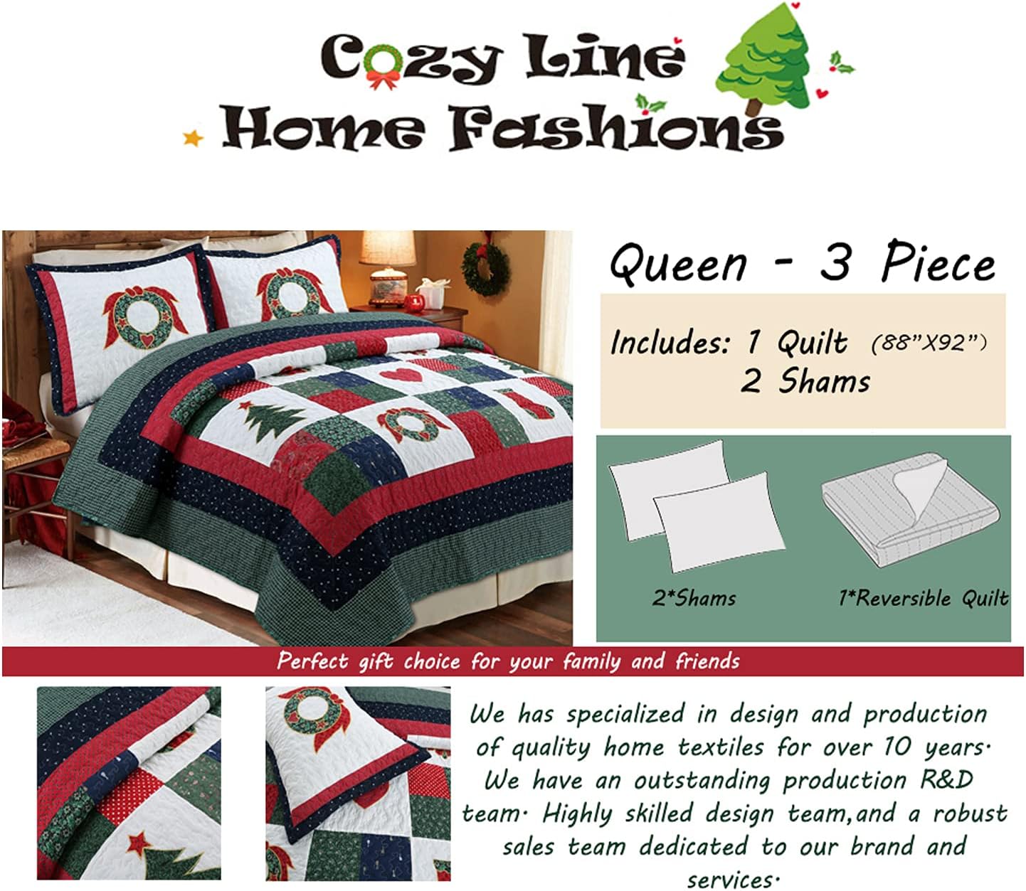 Cozy Line Christmas Patchwork Quilt Set Queen - 3 Piece