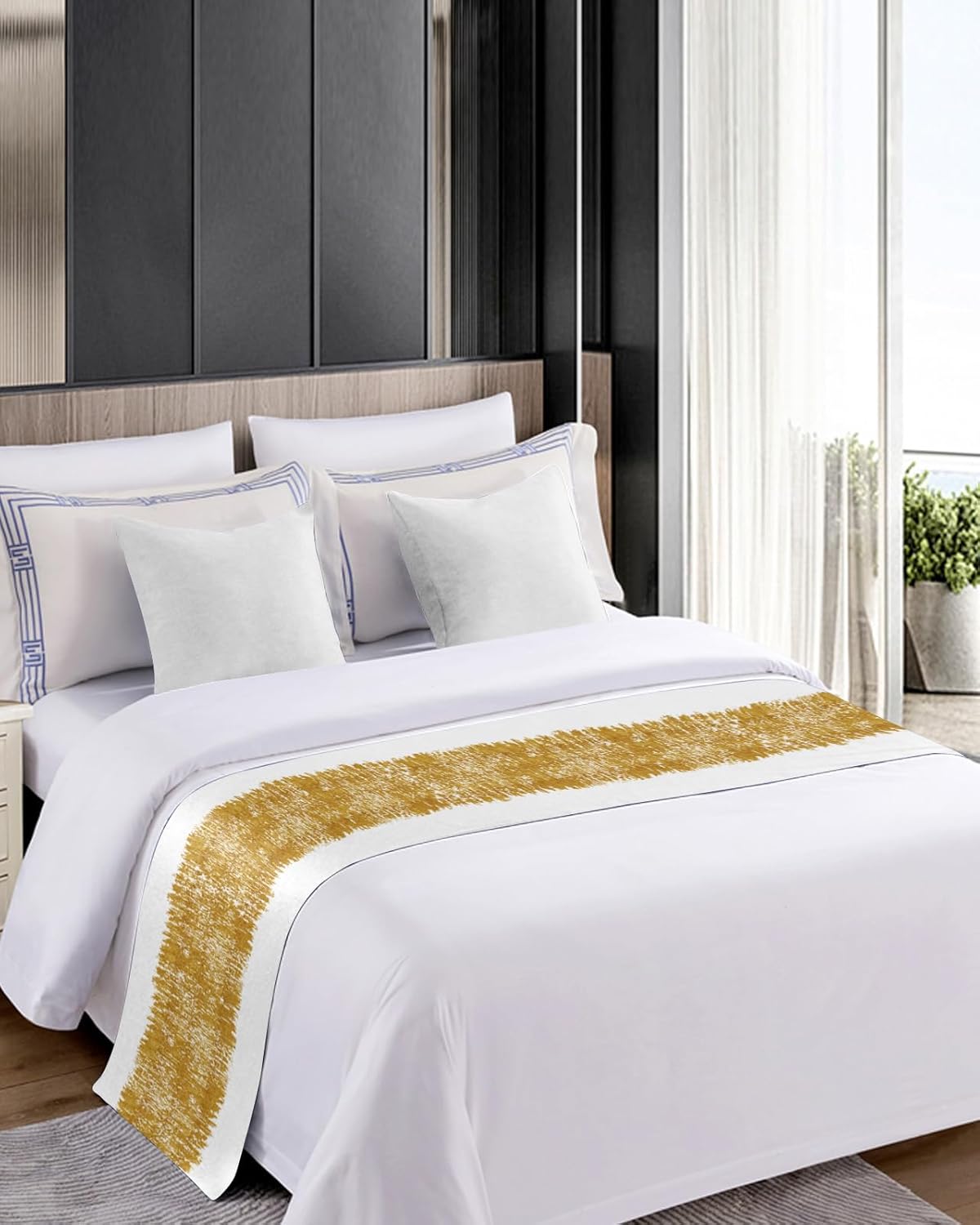 Chucoco Bed Runner Scarf Gold Striped 102x20In