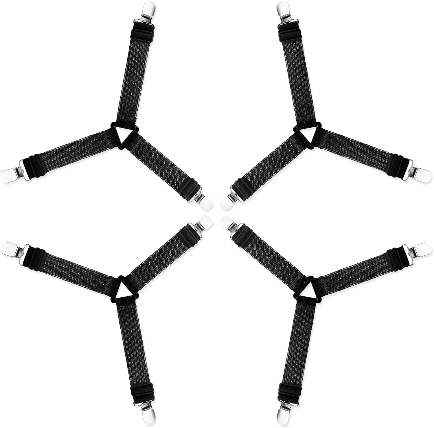 4Pcs Triangle Sheet Straps with Metal Clips - Adjustable Elastic Bed Sheet Holders Black