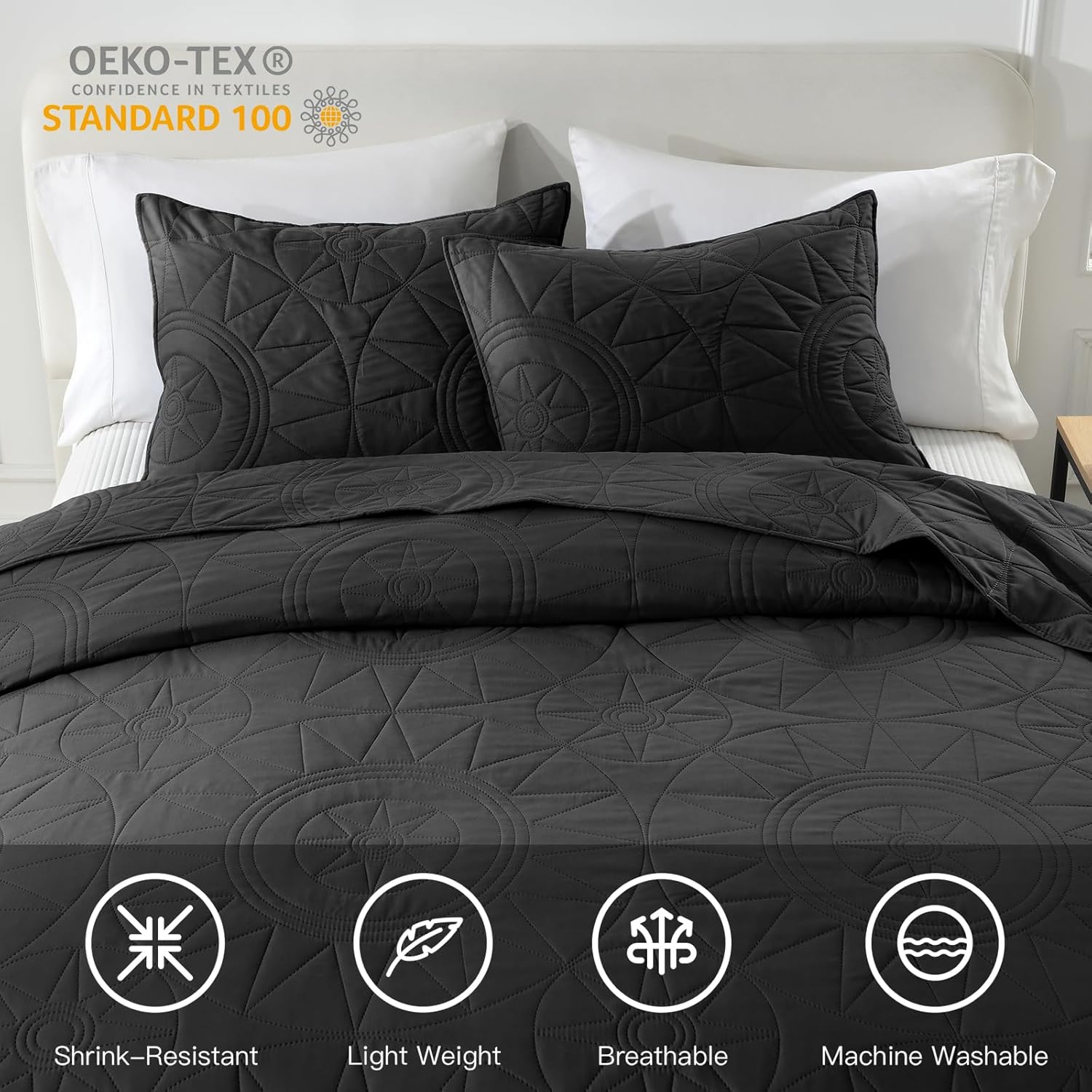 HORIMOTE HOME Queen Quilt Set - Black Microfiber Bedspread with 2 Shams