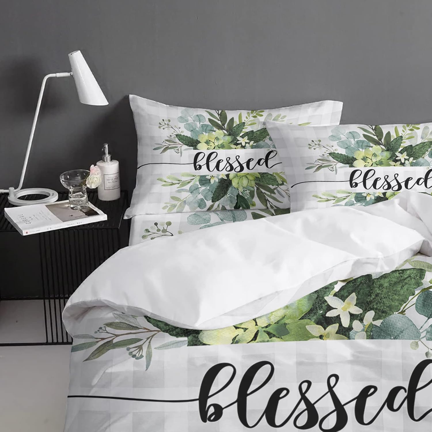 ZOE GARDEN Plaid Eucalyptus Duvet Cover Set Queen Size 1