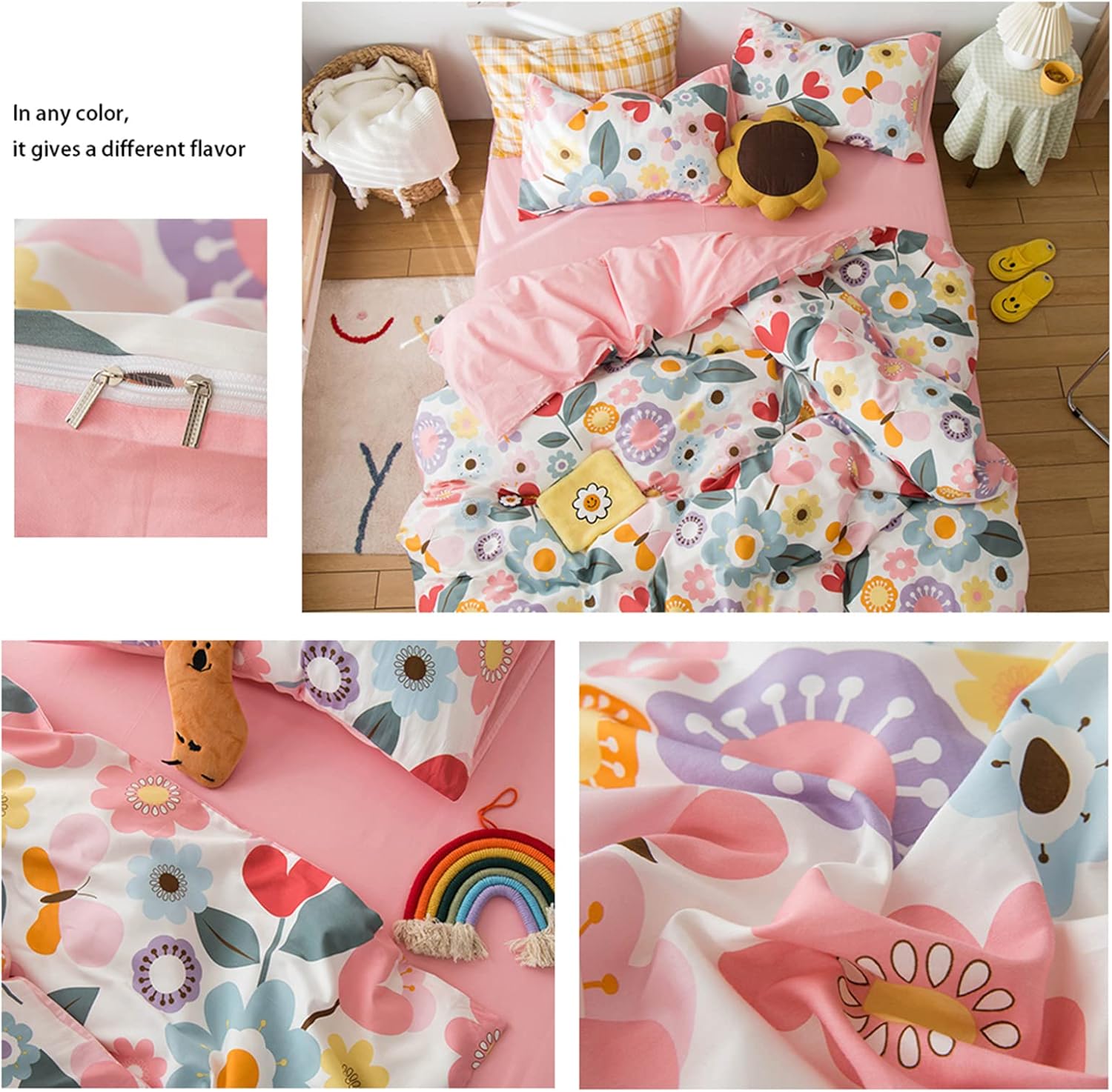 HighBuy Kids Girl Floral Duvet Cover Set Pink 3 pcs