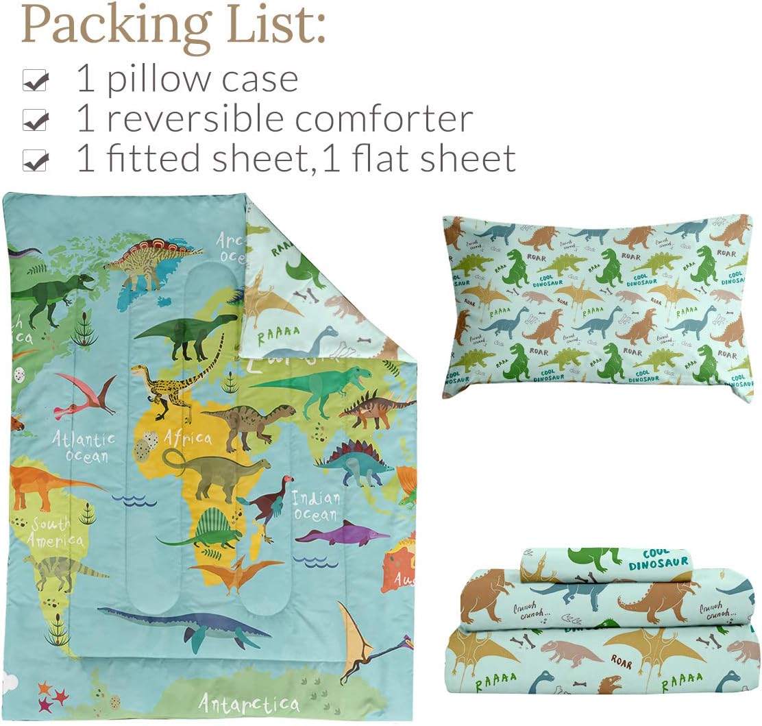 BlessLiving Toddler Bedding Set - Dinosaur Map Green 4 Piece