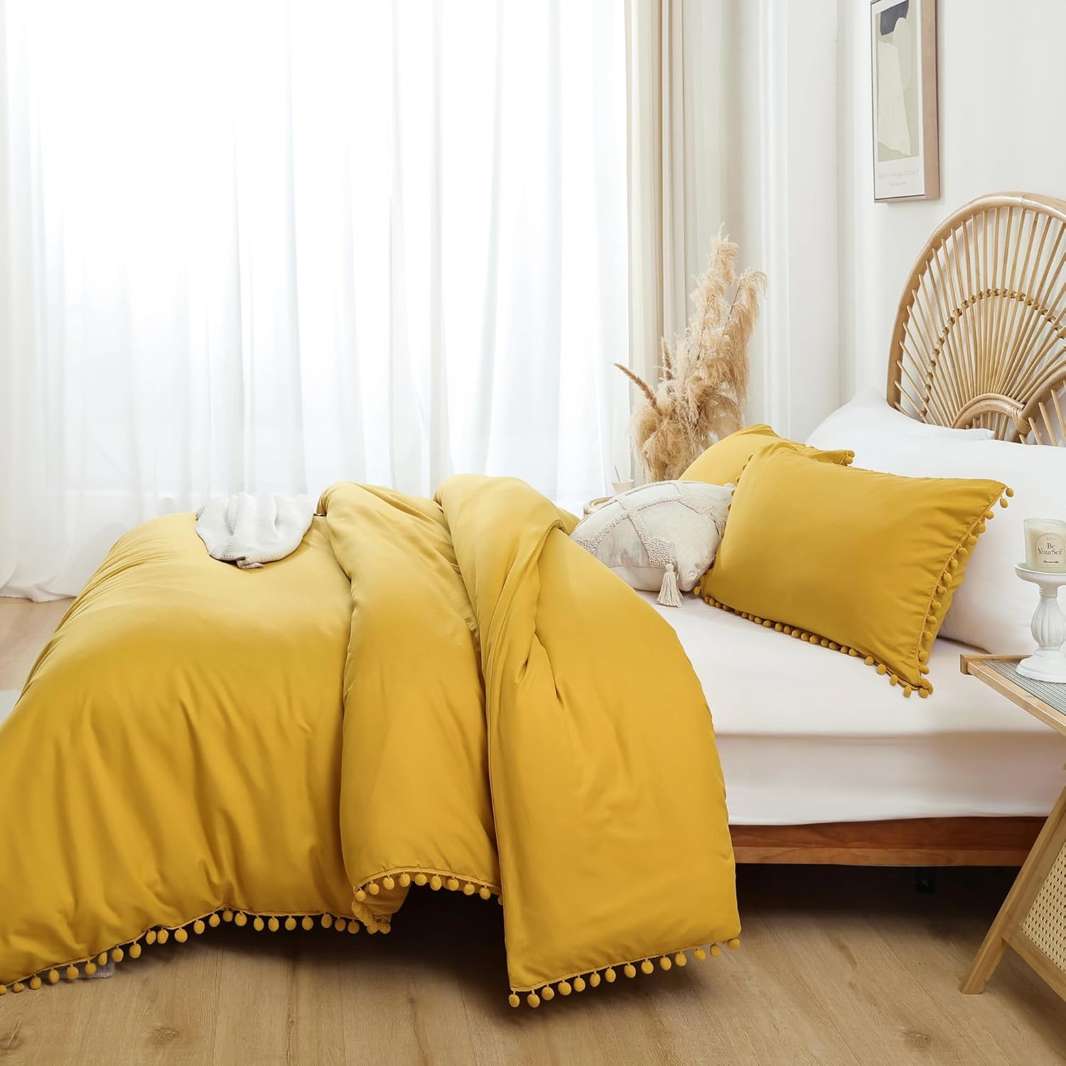 YIRDDEO Twin Comforter Set with Pom Fringe Mustard Yellow