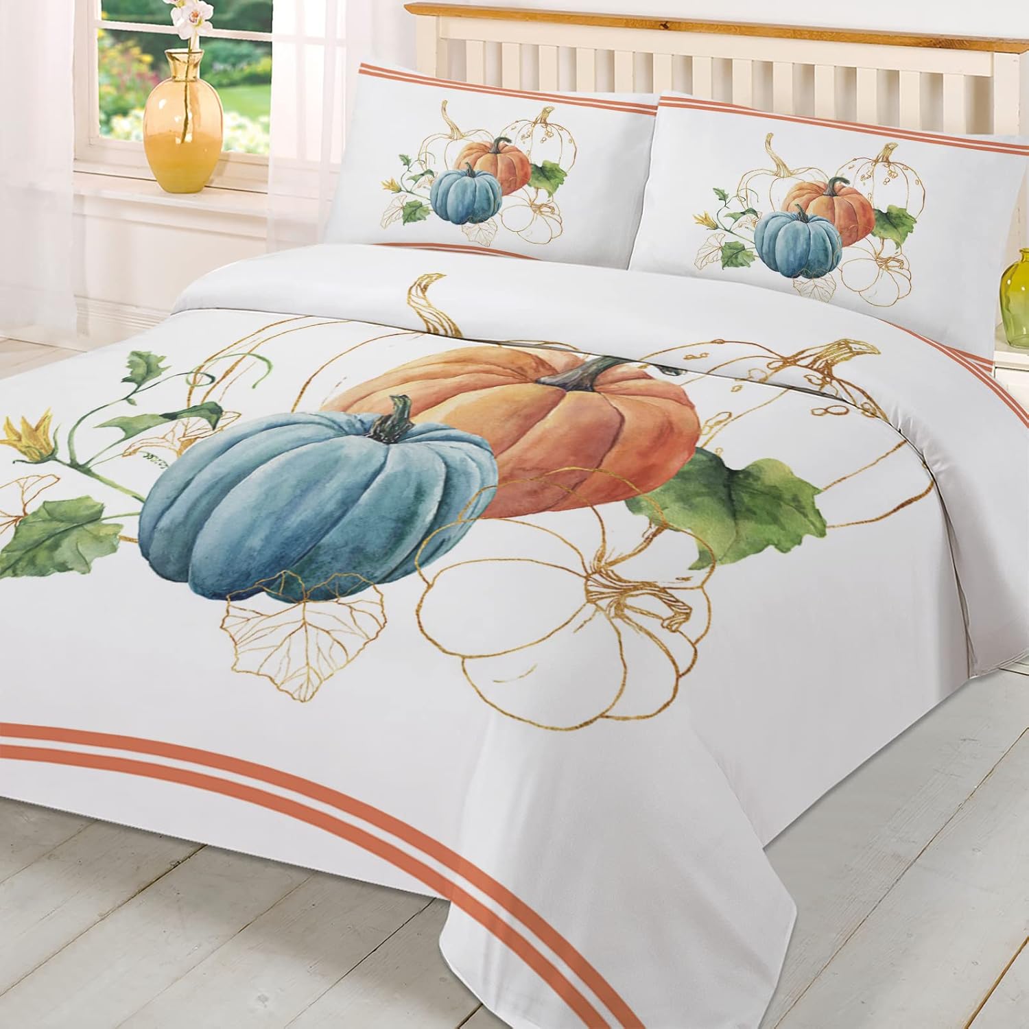 OComster Cal King Duvet Cover Set 3 Piece Pumpkin Striped