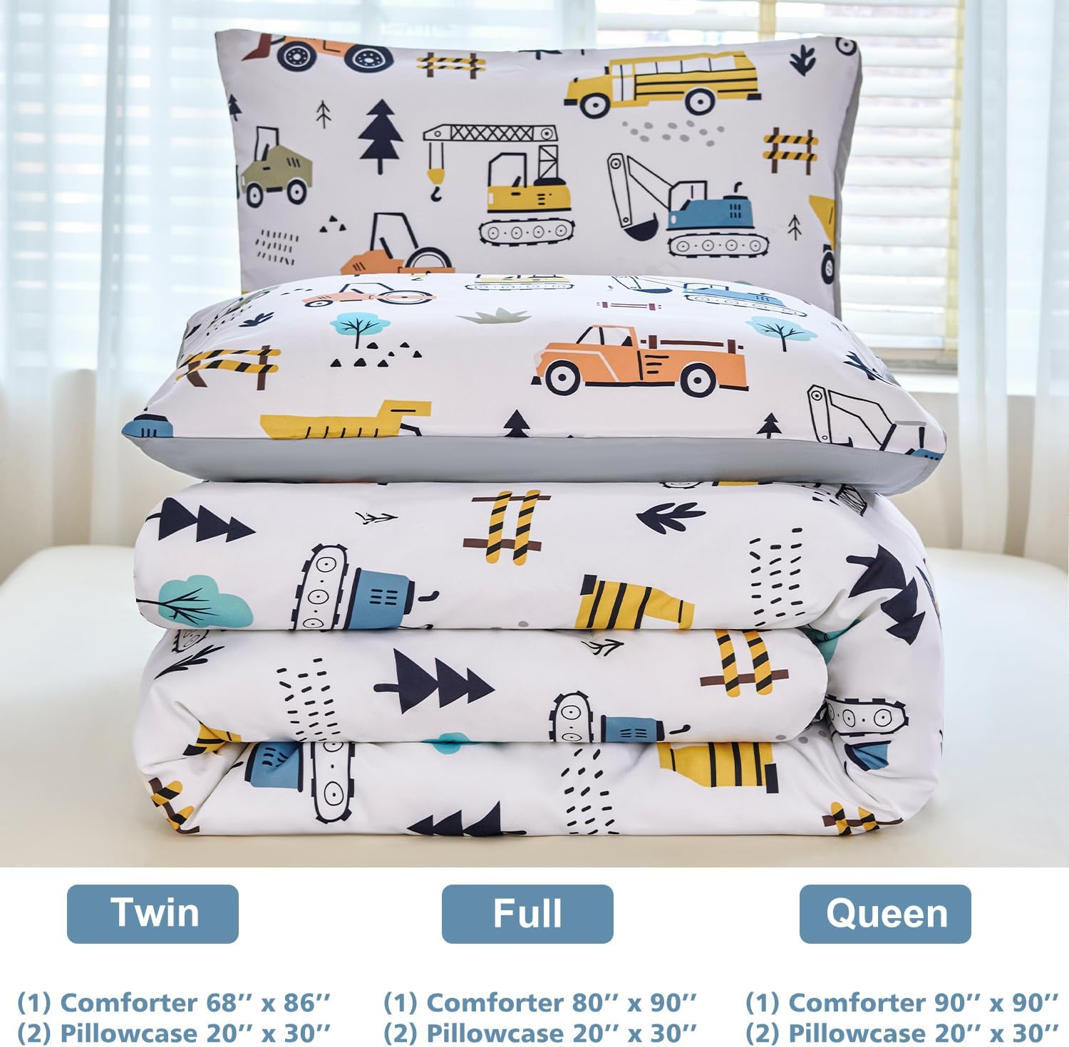 WINLIFE Twin Size Comforter Set with Cartoon Excavator Pattern