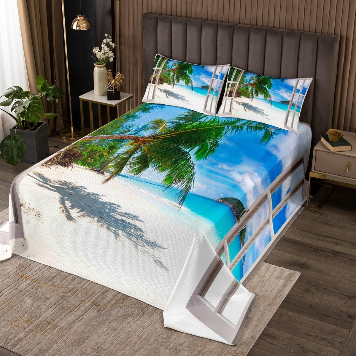 Erosebridal Queen Size Green Palm Tree Quilt Set