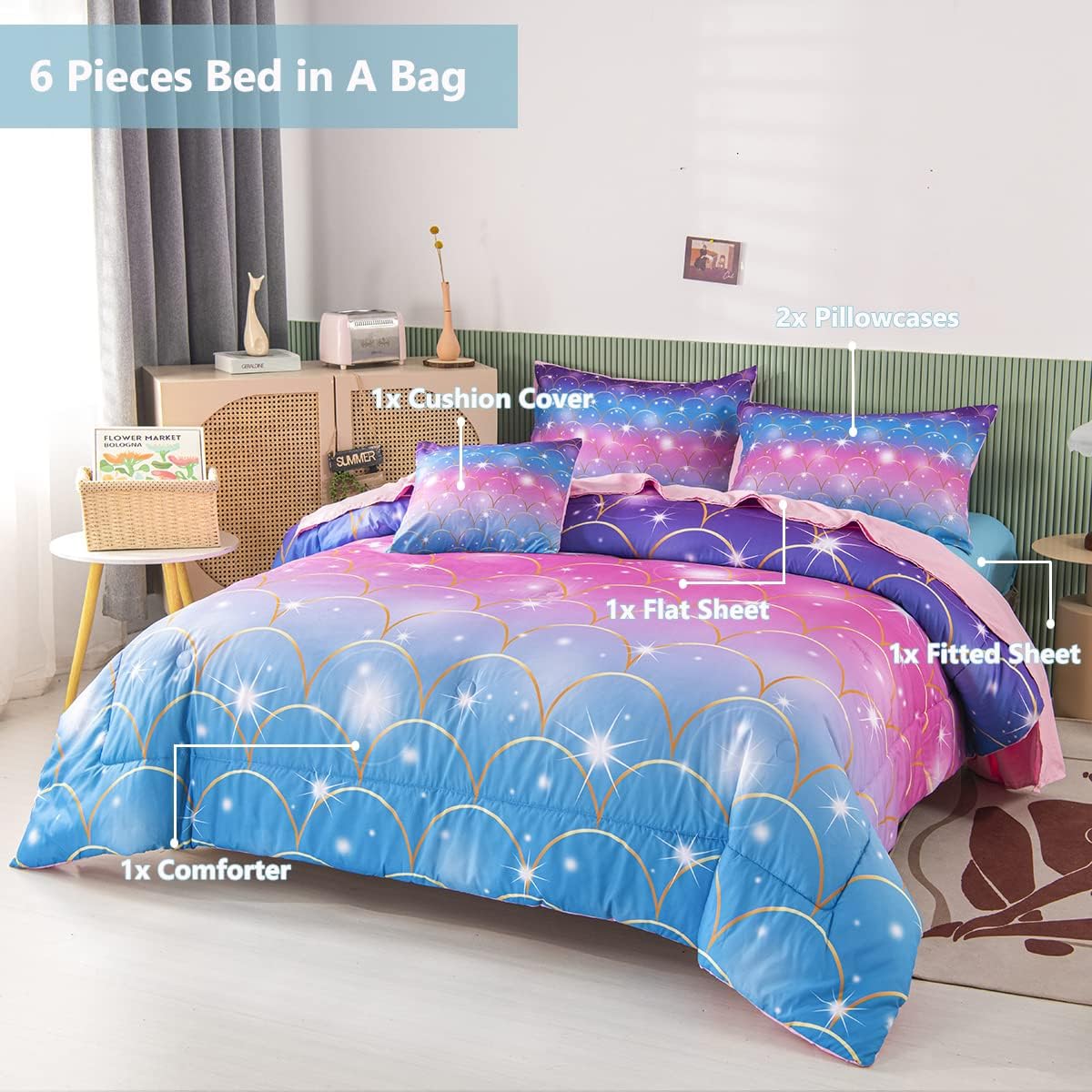 PERFEMET Pink Mermaid Comforter Set Full Size 6 Pieces