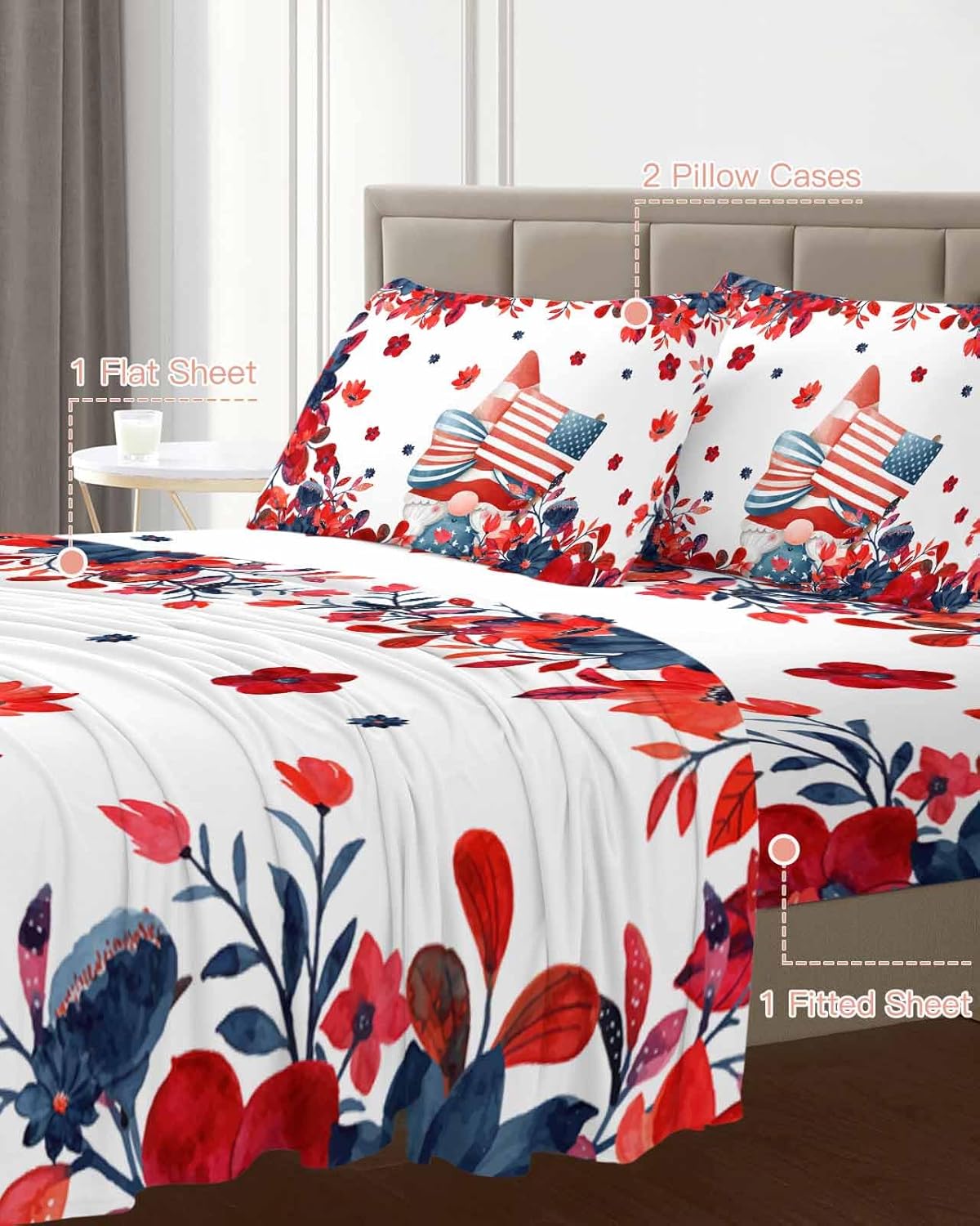 Boanket 4th of July Gnomes Cal King Sheet Set 4 Piece
