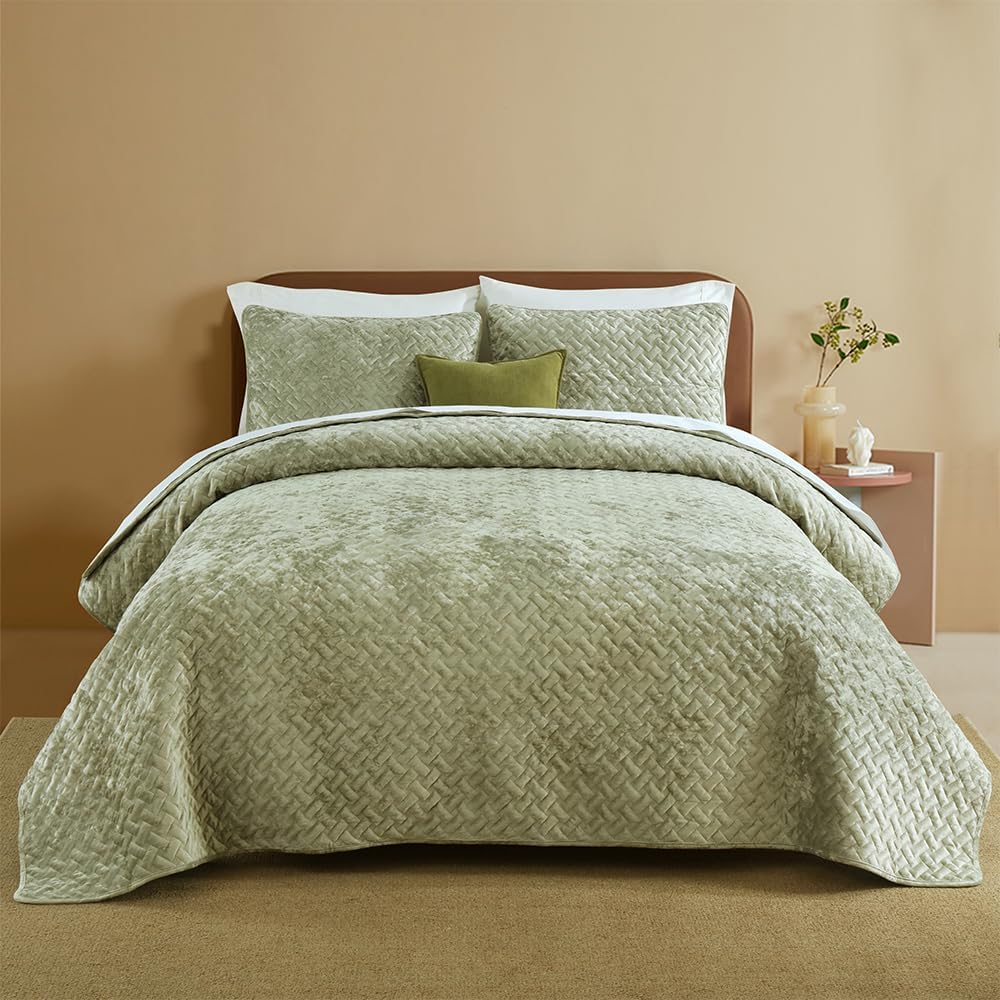 Liians Velvet Bedspread Comforter Set Queen Size Sage Green