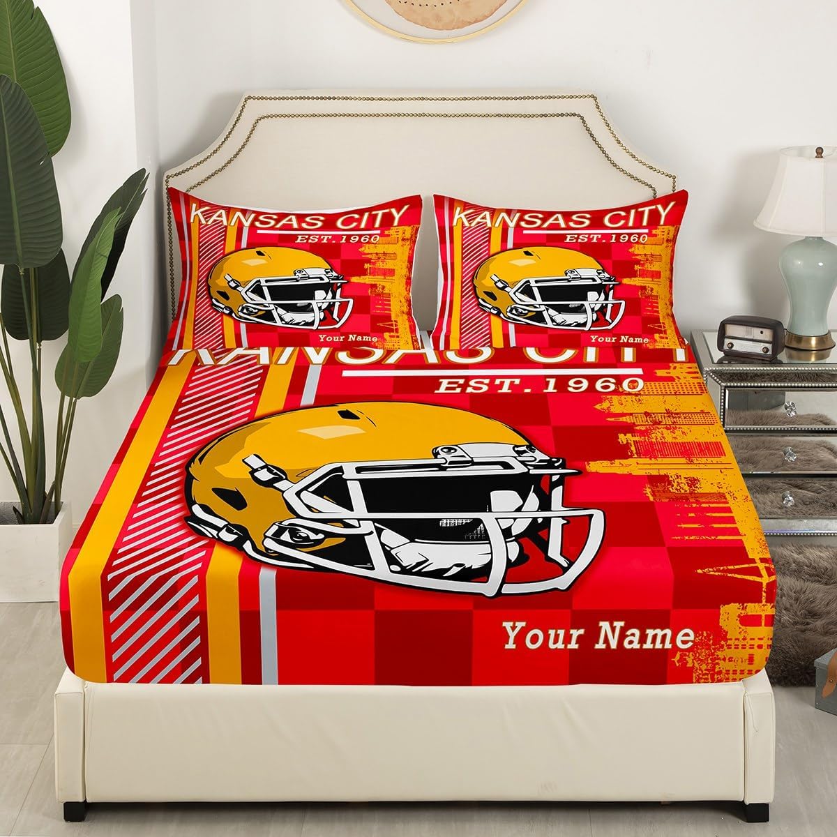 Custom Name Football Bed Sheet Set Twin Size Yellow Red 1
