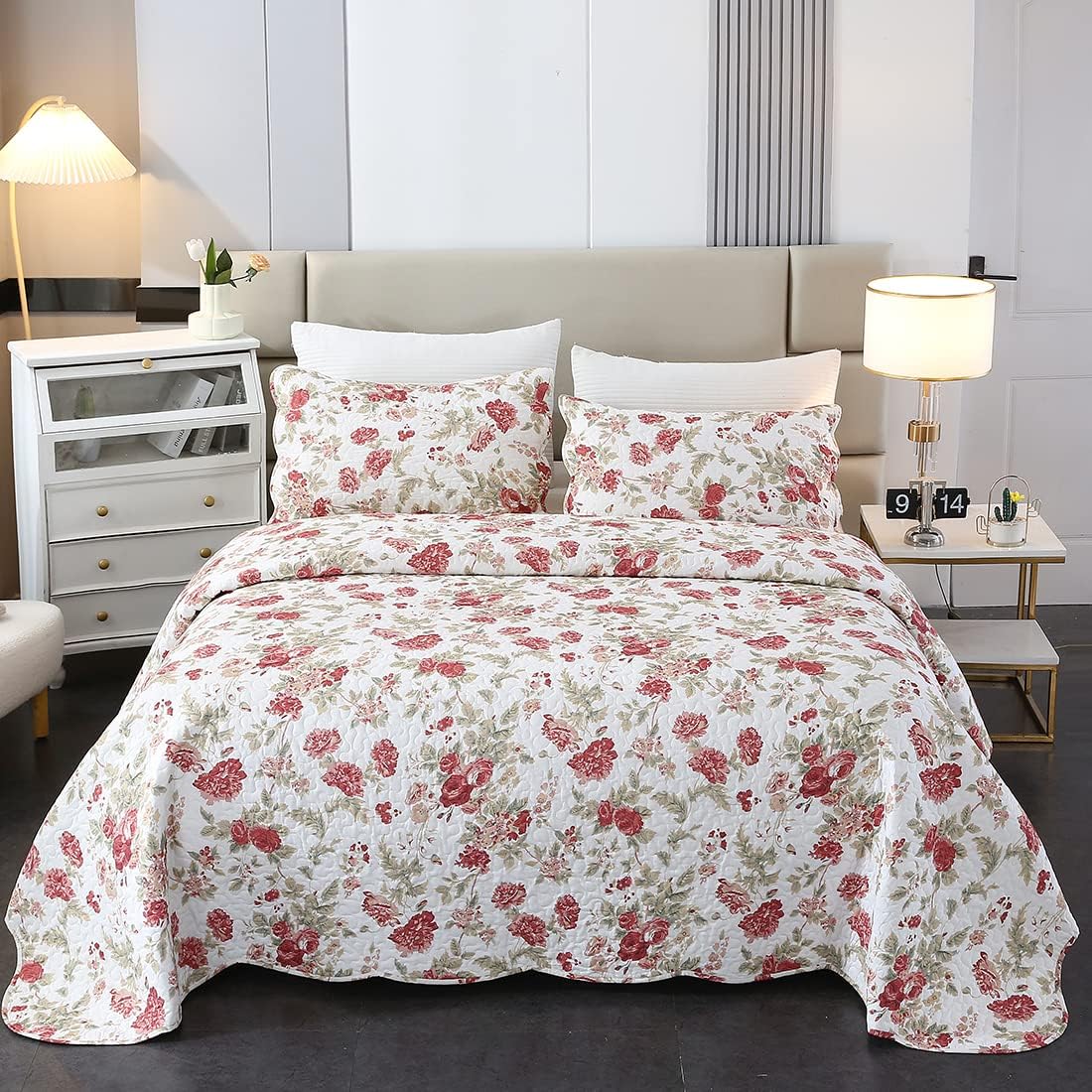 Vctops 3-Piece Romantic Rose Flower Print Bedspread Set