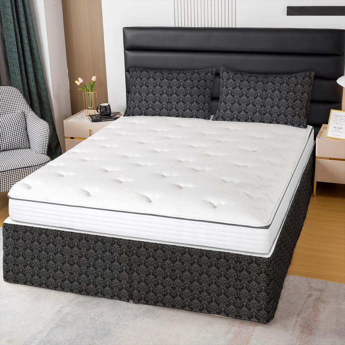 Feelyou Damask Twin Bed Skirt Dark Grey 15 Inch Drop