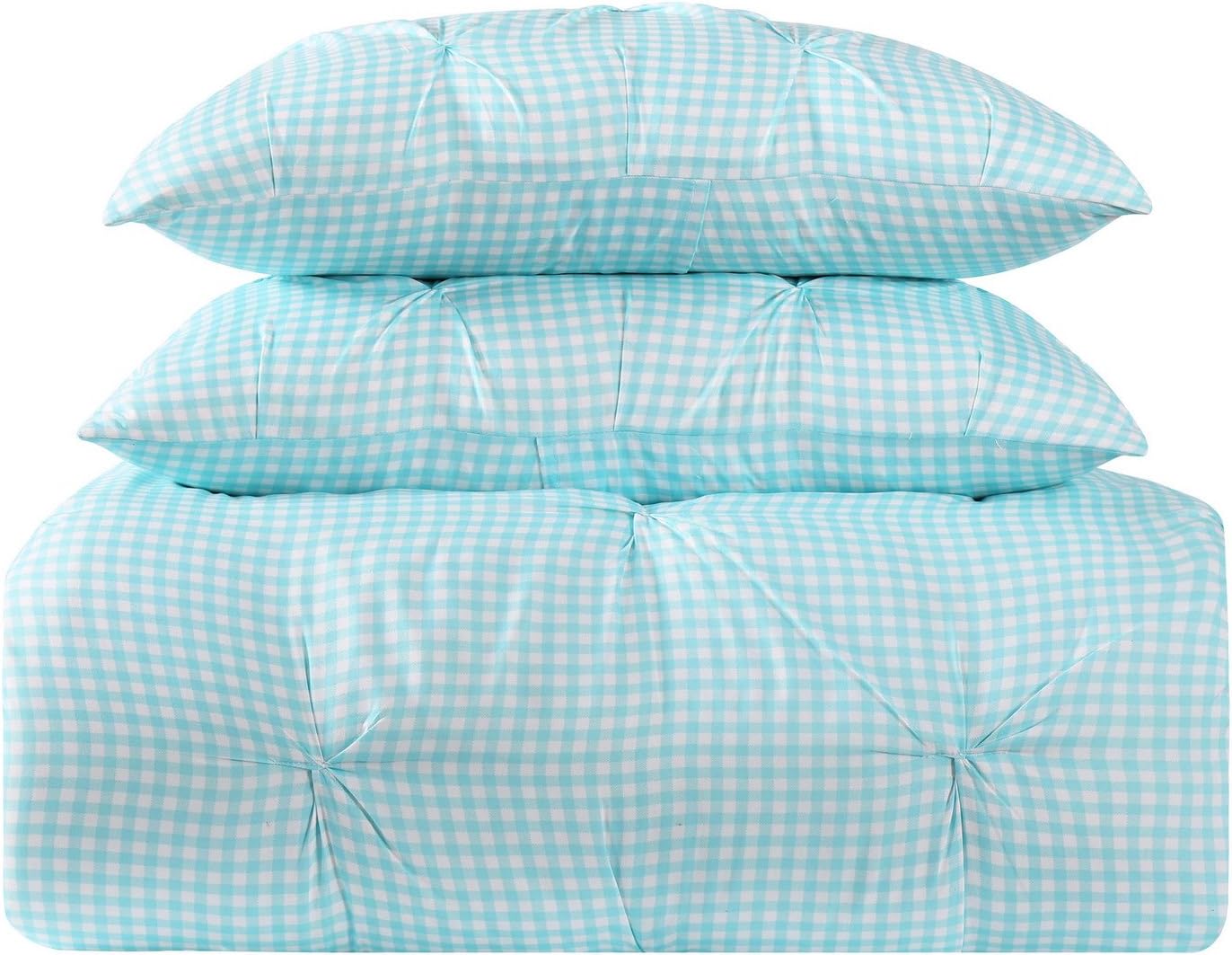 My World Printed Gingham Pinch Pleat Comforter Set Twin XL WhiteAqua