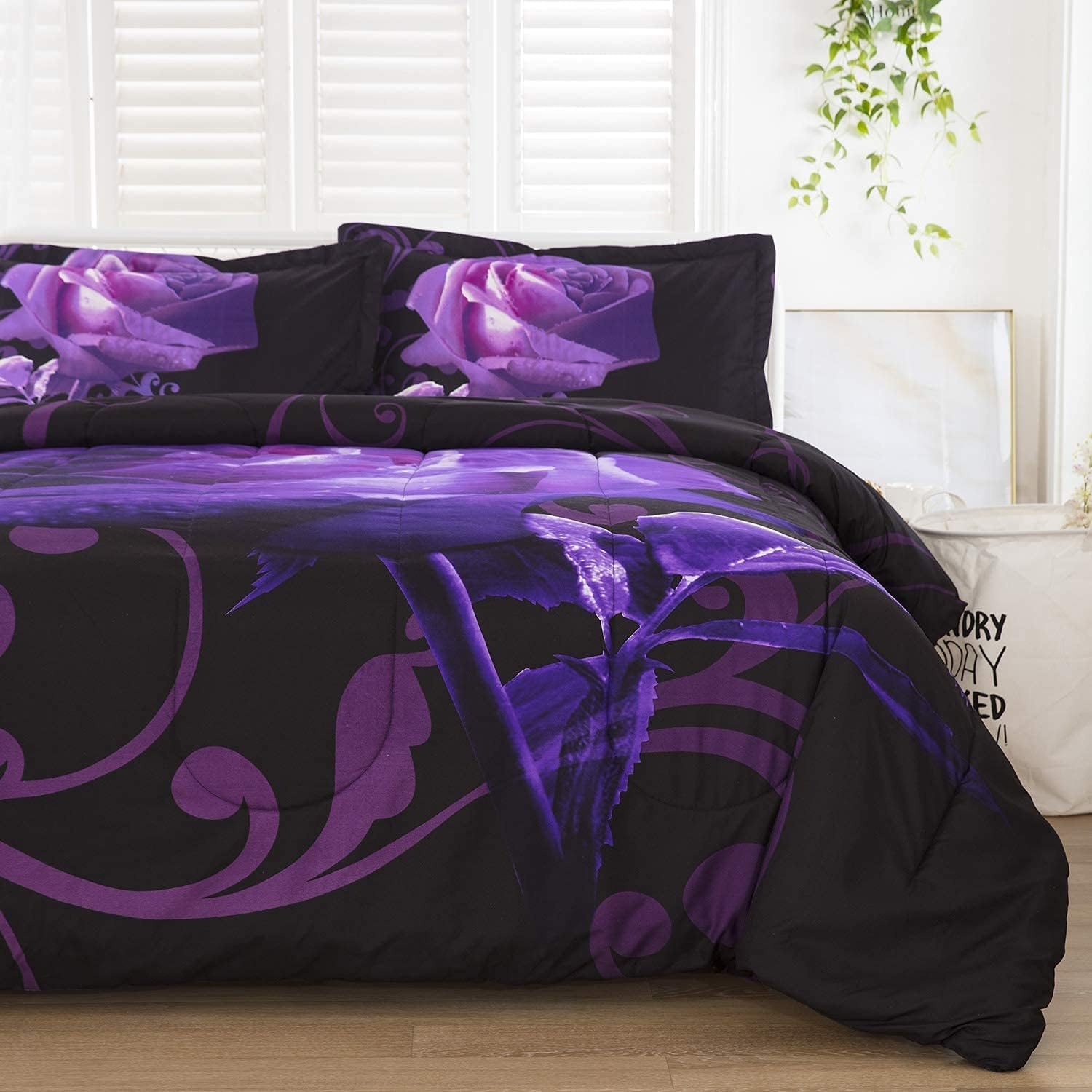 WONGS BEDDING Purple Rose Comforter Set Twin Reversible