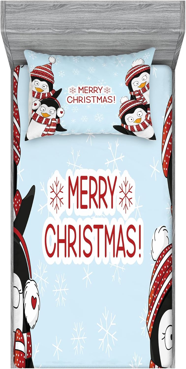 Ambesonne Christmas Penguins with Hats Scarf Sheet Sham Set