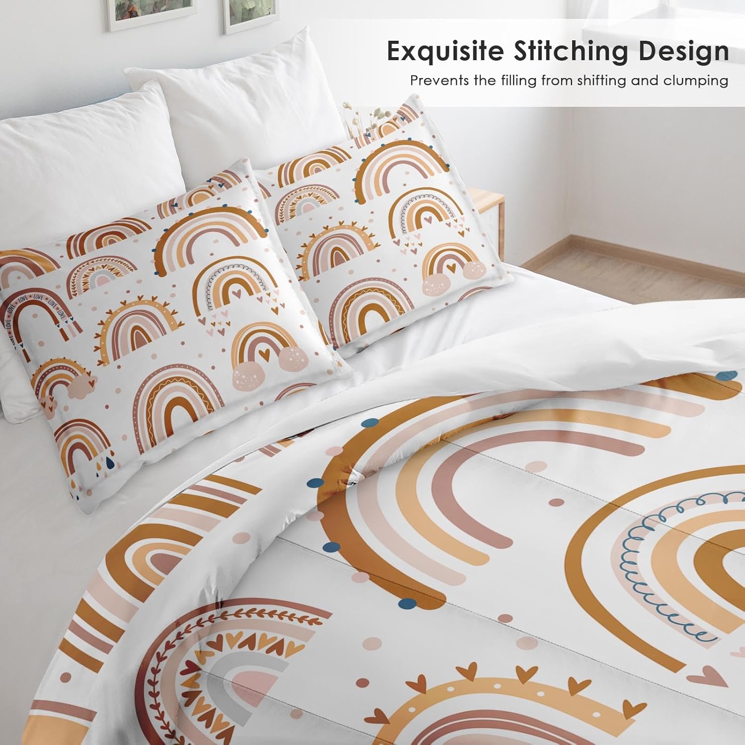 Pamnest Comforter Set Twin Size Boho Rainbow Pink