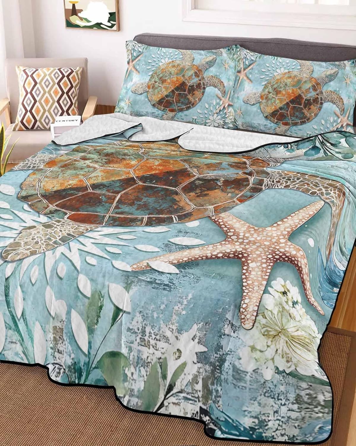 Chucoco Twin XL Quilt Bedding Set Retro Nautical Theme