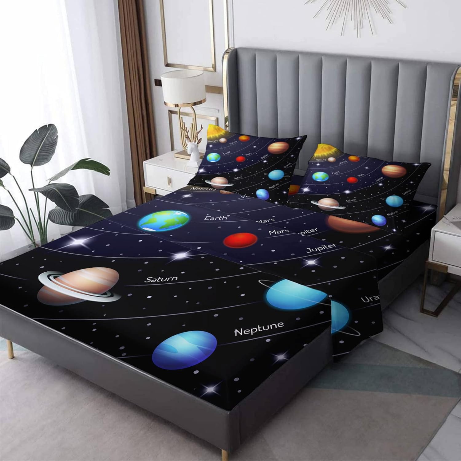 Solar System Sheets King Bed Sheet Set - Kids Fantasy Planets Design