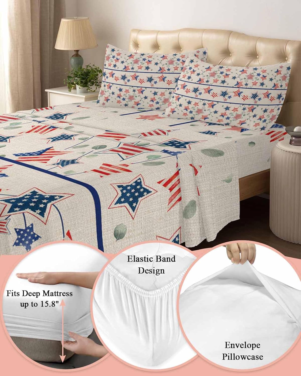 Boanket Cal King Sheet Set 4th of July 4 Piece Microfiber Bedding