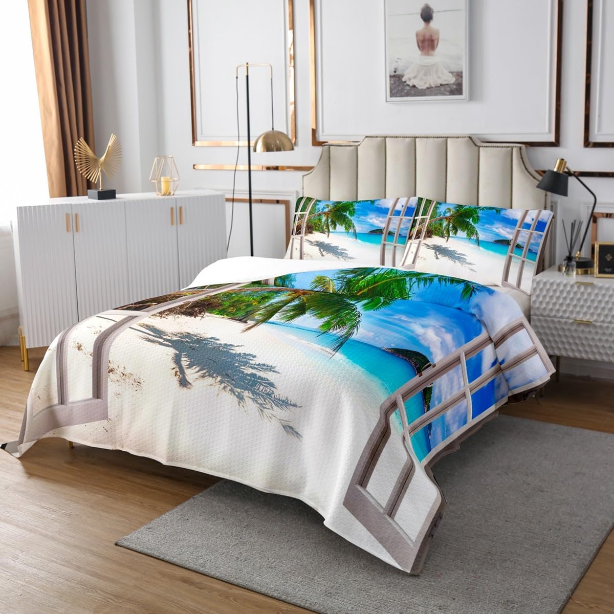 Erosebridal Queen Size Green Palm Tree Quilt Set