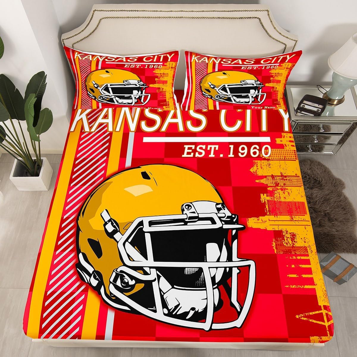 Custom Name Football Bed Sheet Set Twin Size Yellow Red 1