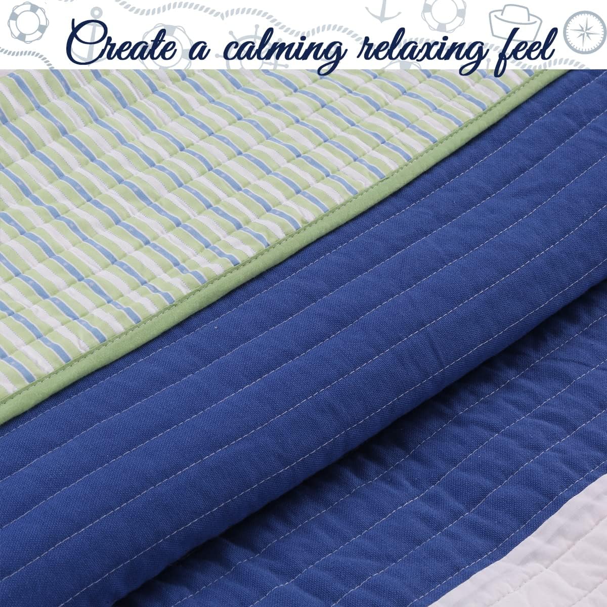 Cozy Line Waylon Navy Blue Green White Striped 100 Cotton Reversible Quilt Set