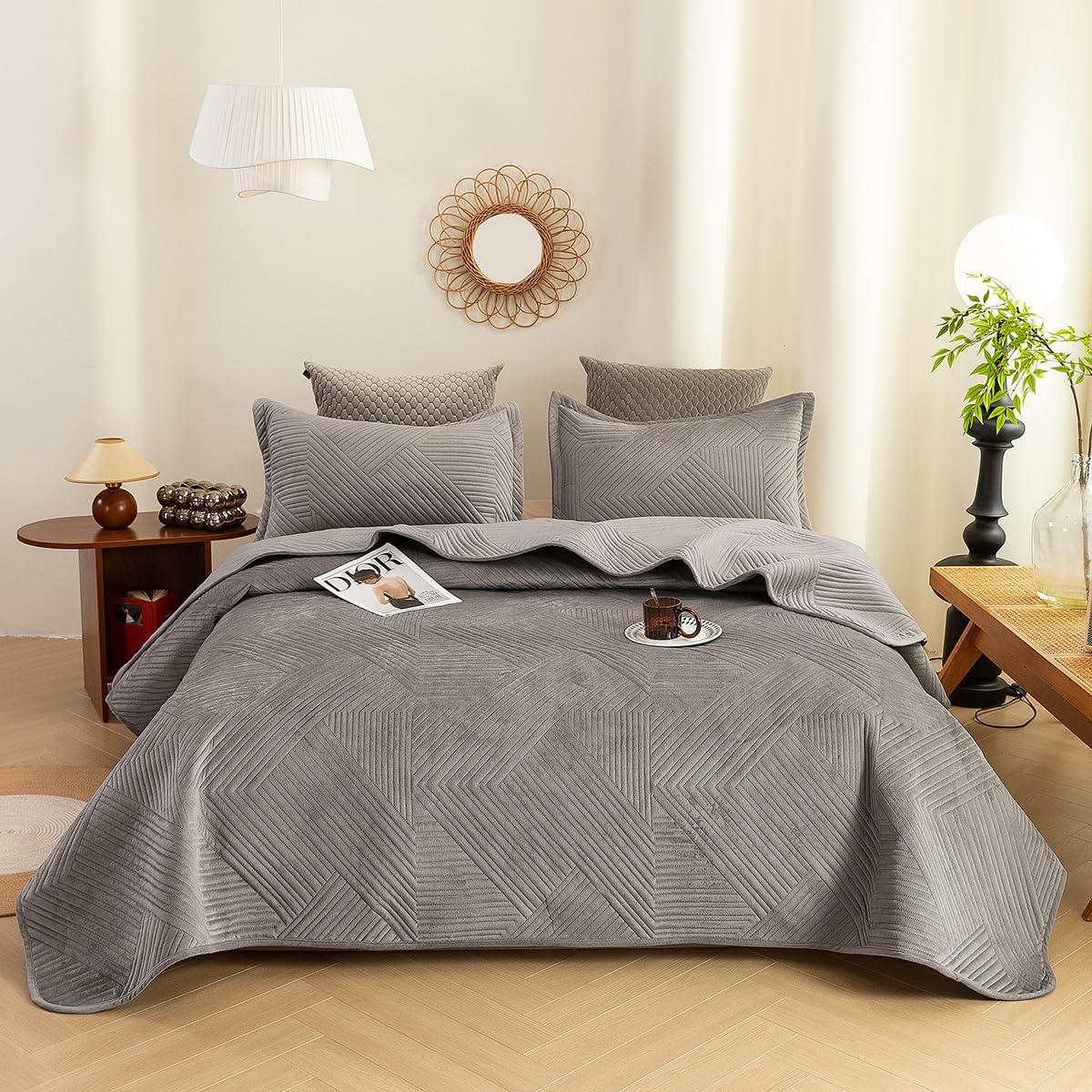 JiaPoem Quilt Set Bedspreads - Lightweight Microfiber Coin Pattern 3 Piece