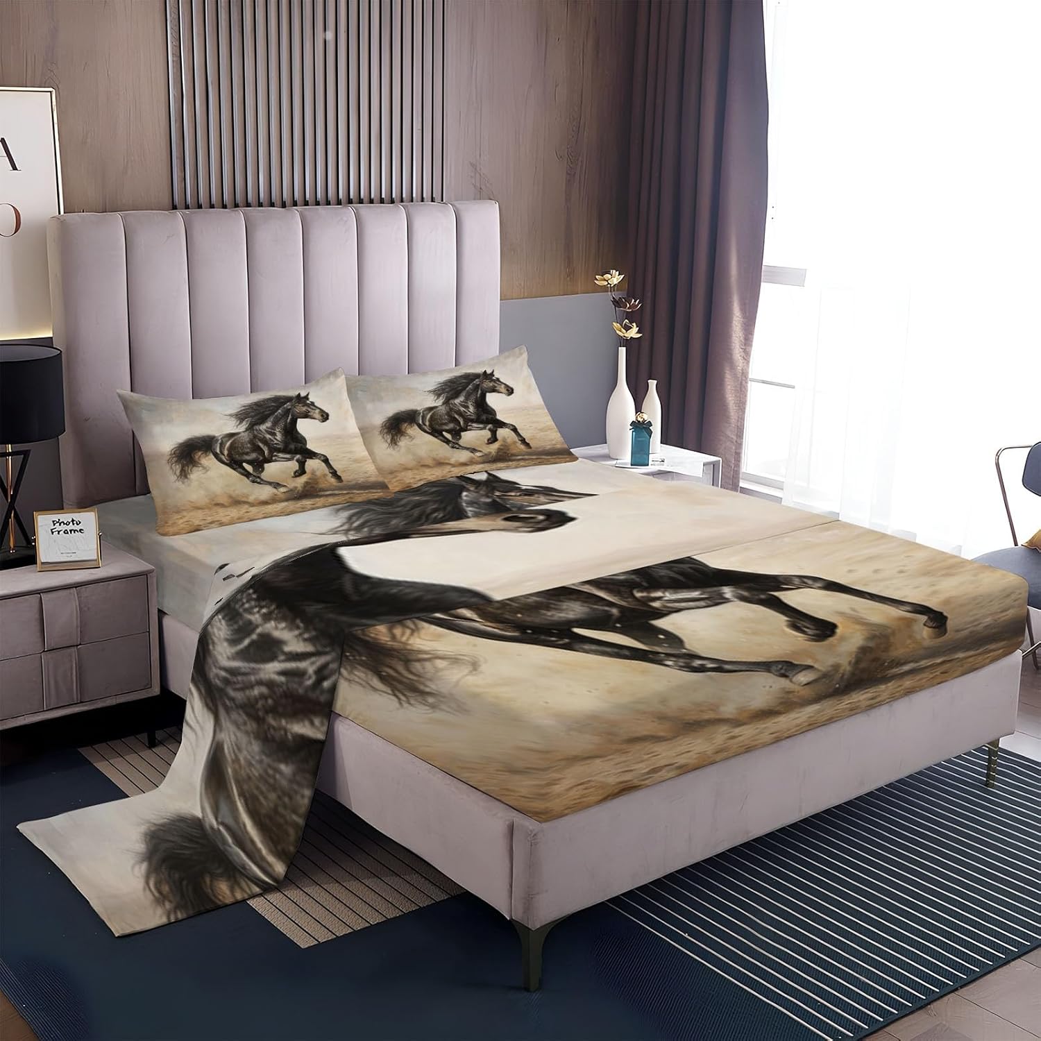 3D Animal Black Horse Bed Sheet Set 4pcs California King 1