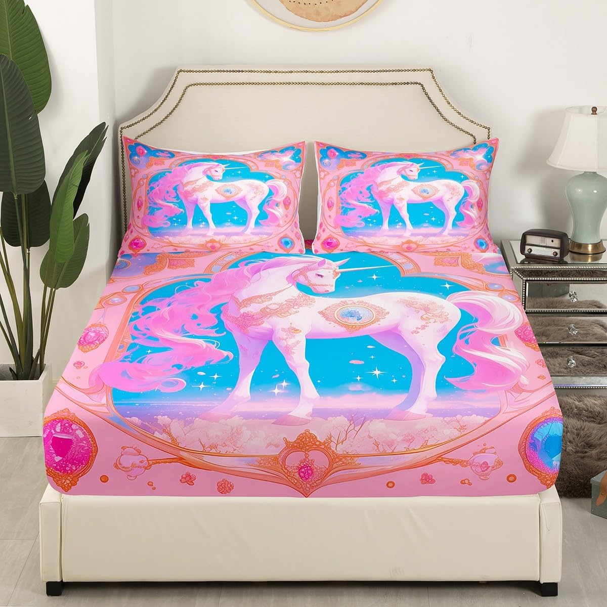 Manfei Unicorn Kids Fitted Sheet Set with 2 Pillowcases