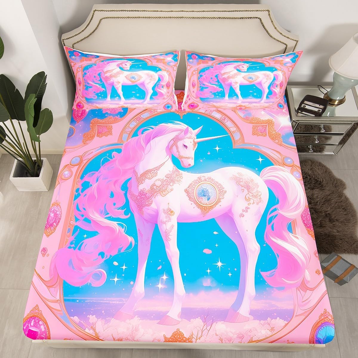 Manfei Unicorn Kids Fitted Sheet Set with 2 Pillowcases