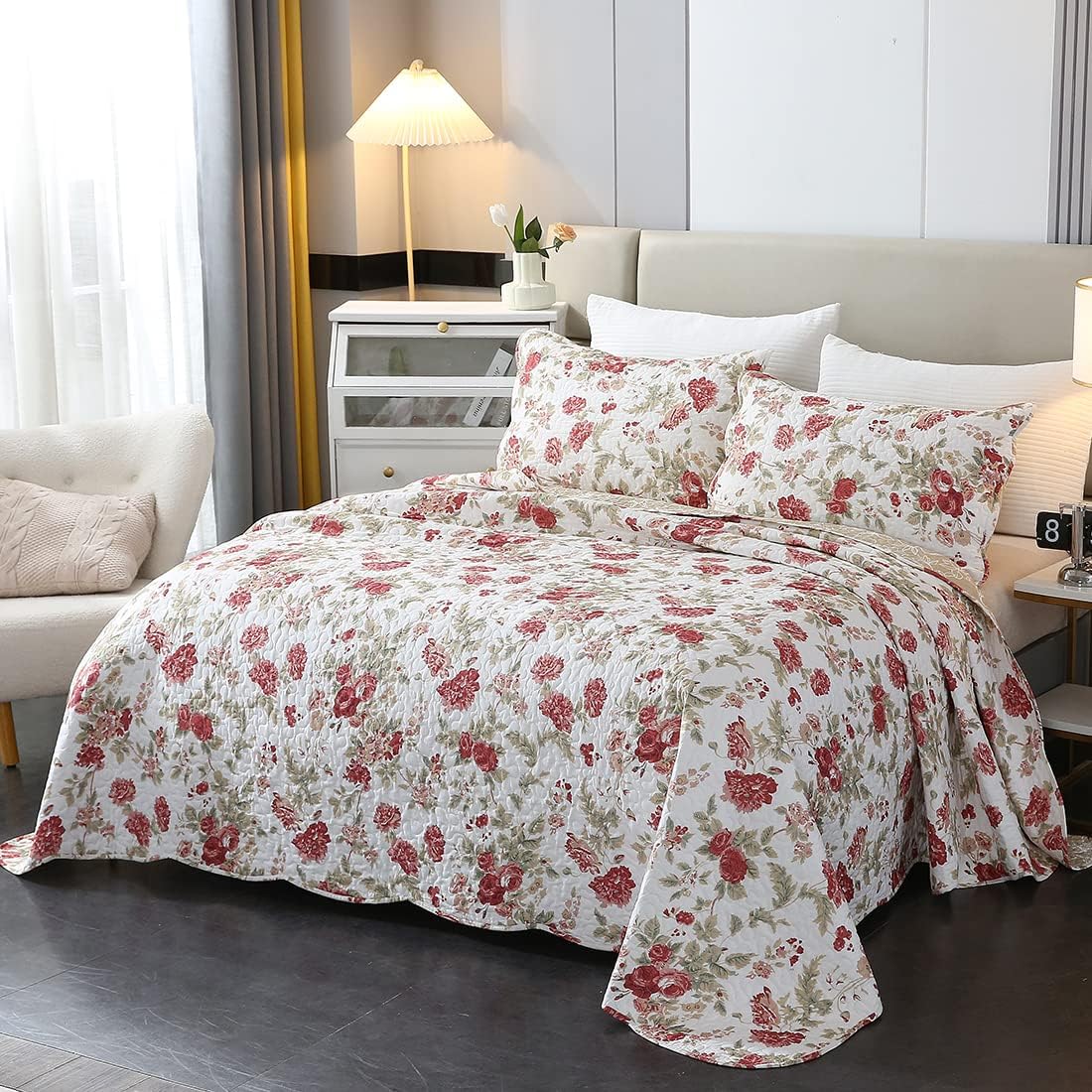 Vctops 3-Piece Romantic Rose Flower Print Bedspread Set