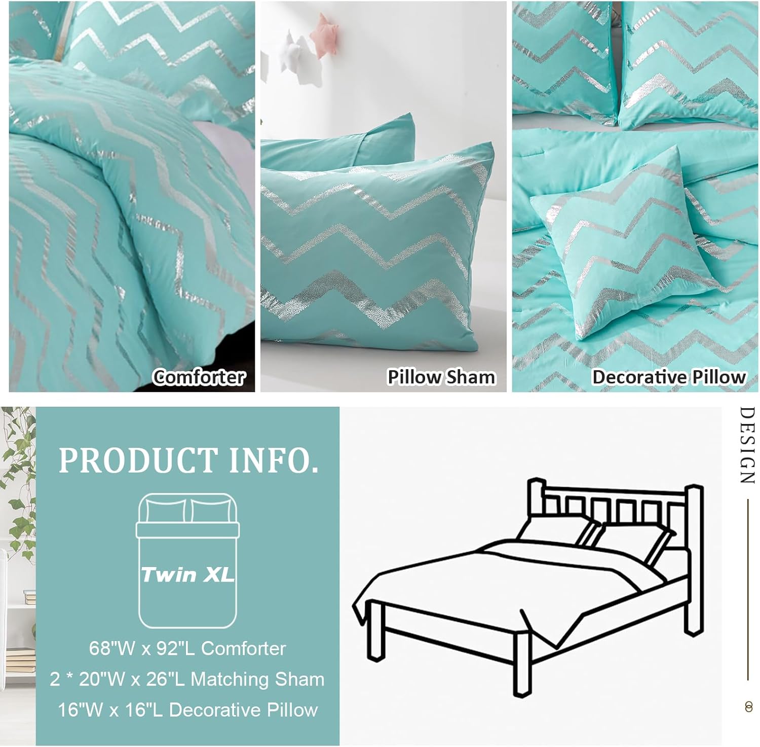 Menghomeus Aqua Comforter Set Twin XL Teal and Silver