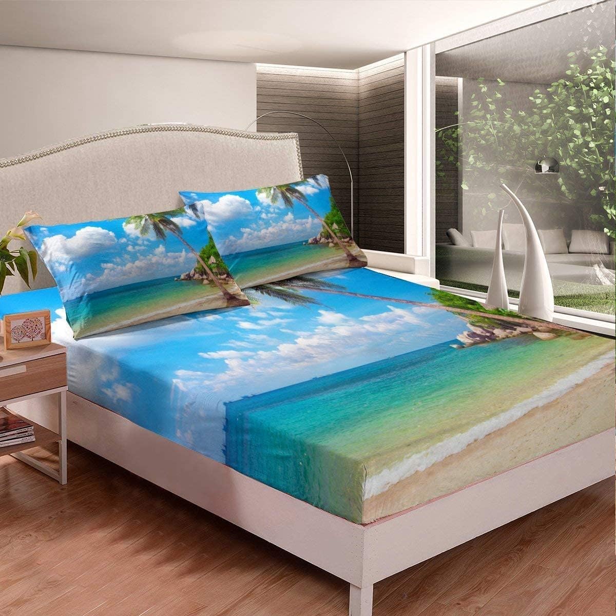 Erosebridal Ocean Beach King Size Sheet Set with Palm Trees