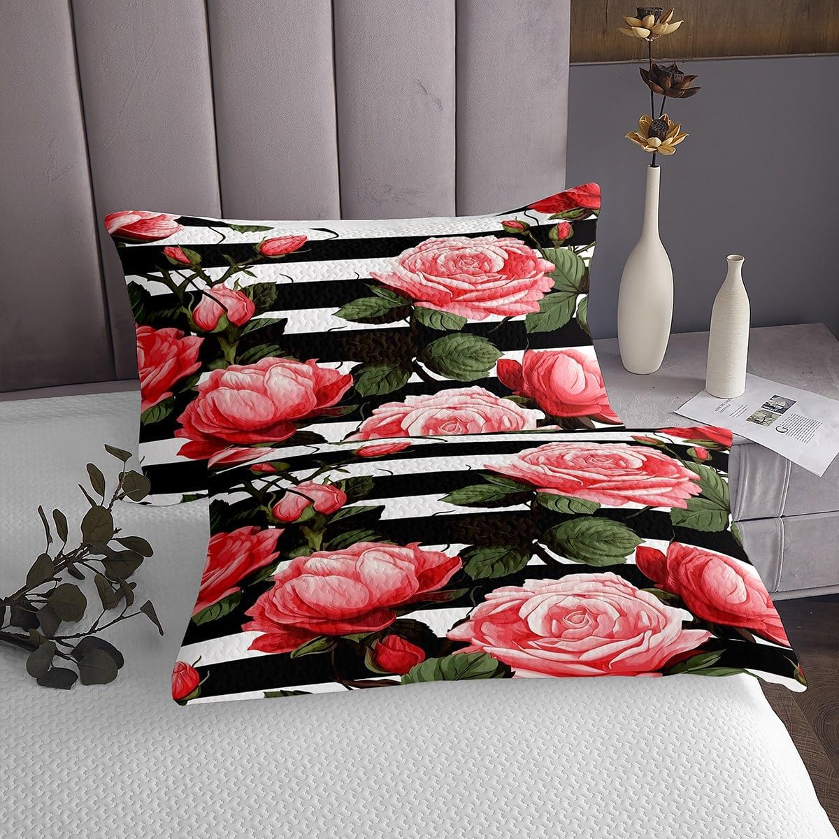 Erosebridal Red and Pink Flower Quilt Set 3Pcs 1